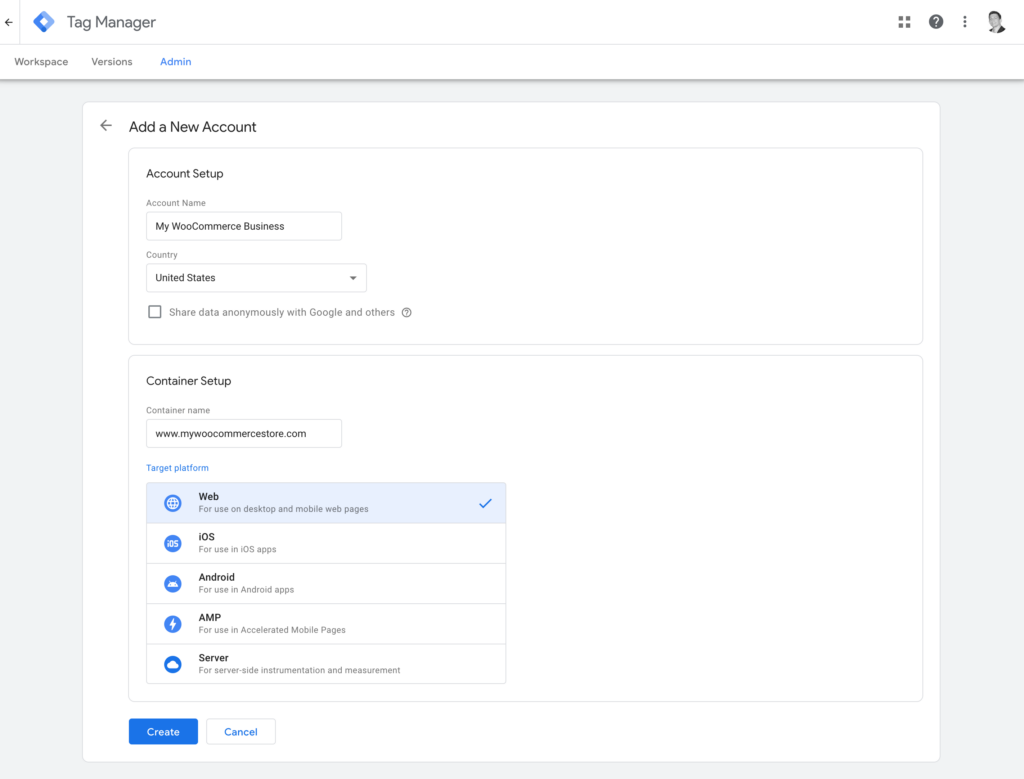 Google Tag Manager New Account Page